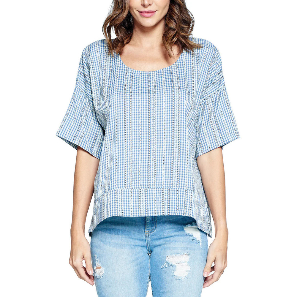 21223 B Yak & Yeti Top Loose Fit Chekered Side Slits Tiny Flowers Blue Var Sizes
